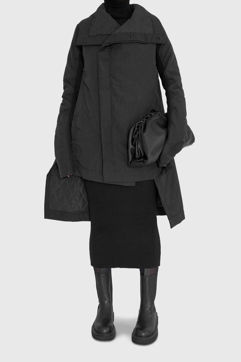 Maika Asymmetric cut funnel neck coat and bags - ИOKO - nokoclub.com