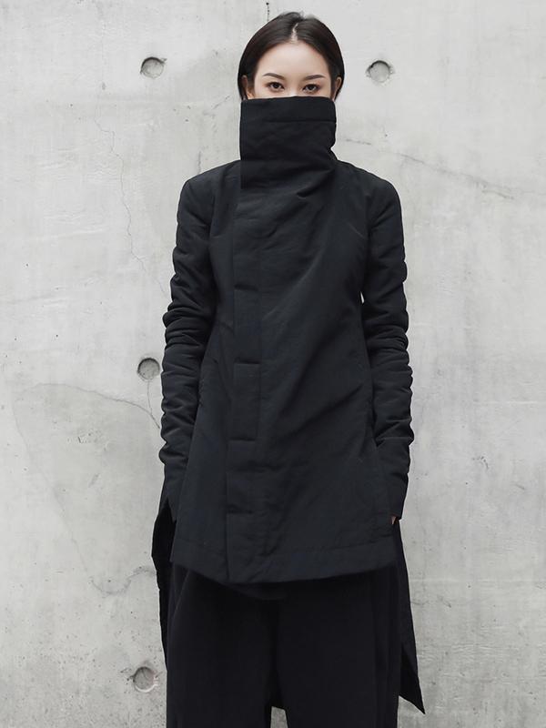 Maika Asymmetric cut funnel neck coat front look - ИOKO - nokoclub.com